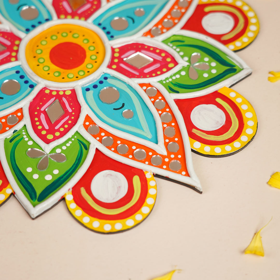 Hand-Painted Mirror Work Multicolor Flower Rangoli