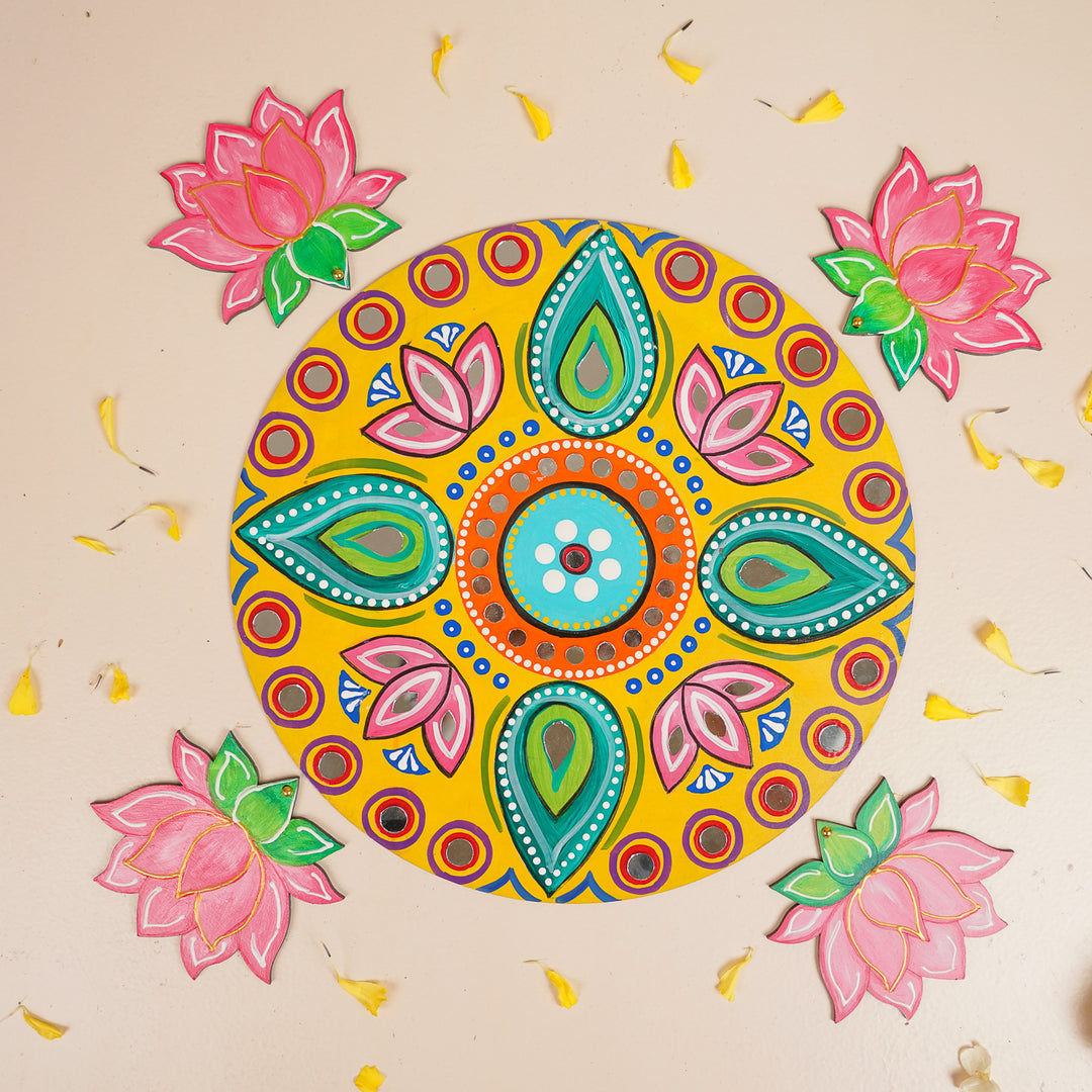 Hand-Painted Mirror Work Lotus Theme MDF Wood Rangoli | Set Of 5