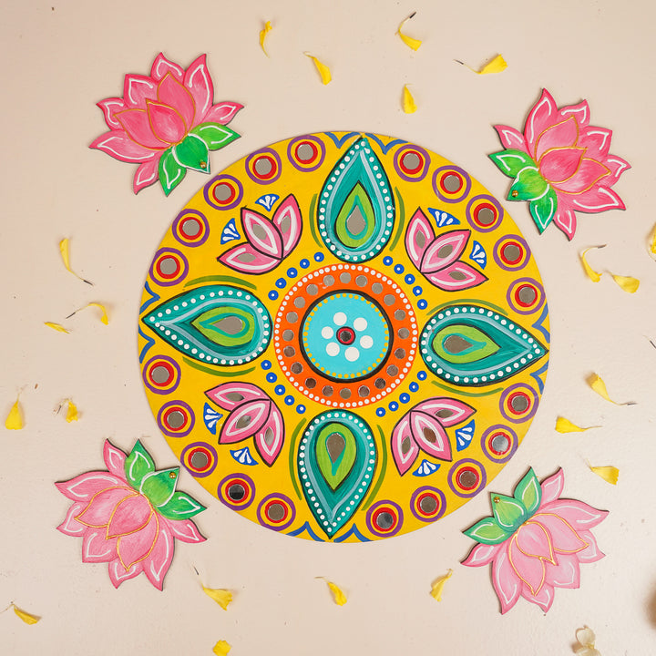 Hand-Painted Mirror Work Lotus Theme MDF Wood Rangoli | Set Of 5