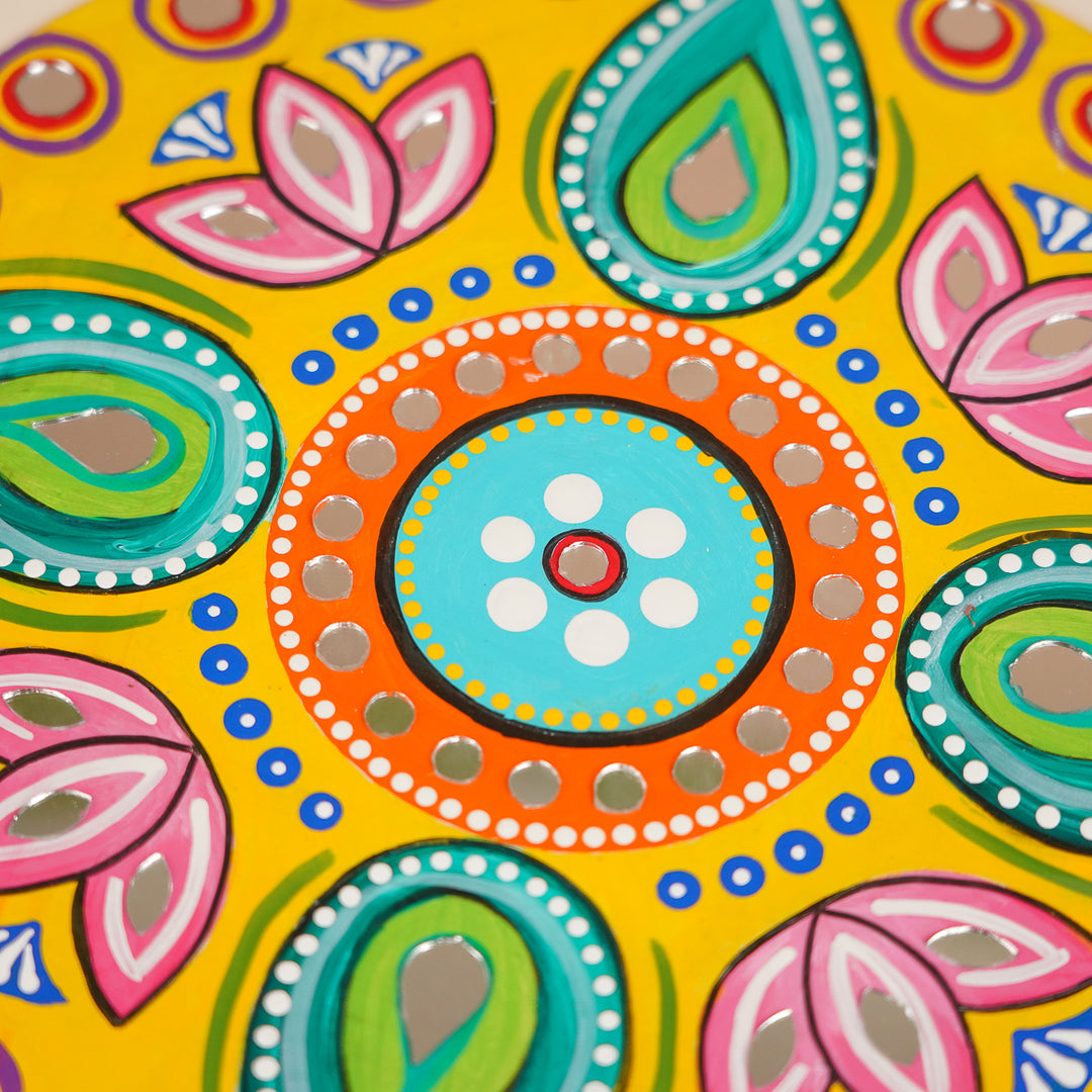 Hand-Painted Mirror Work Round Floral MDF Wood Rangoli | Set Of 9