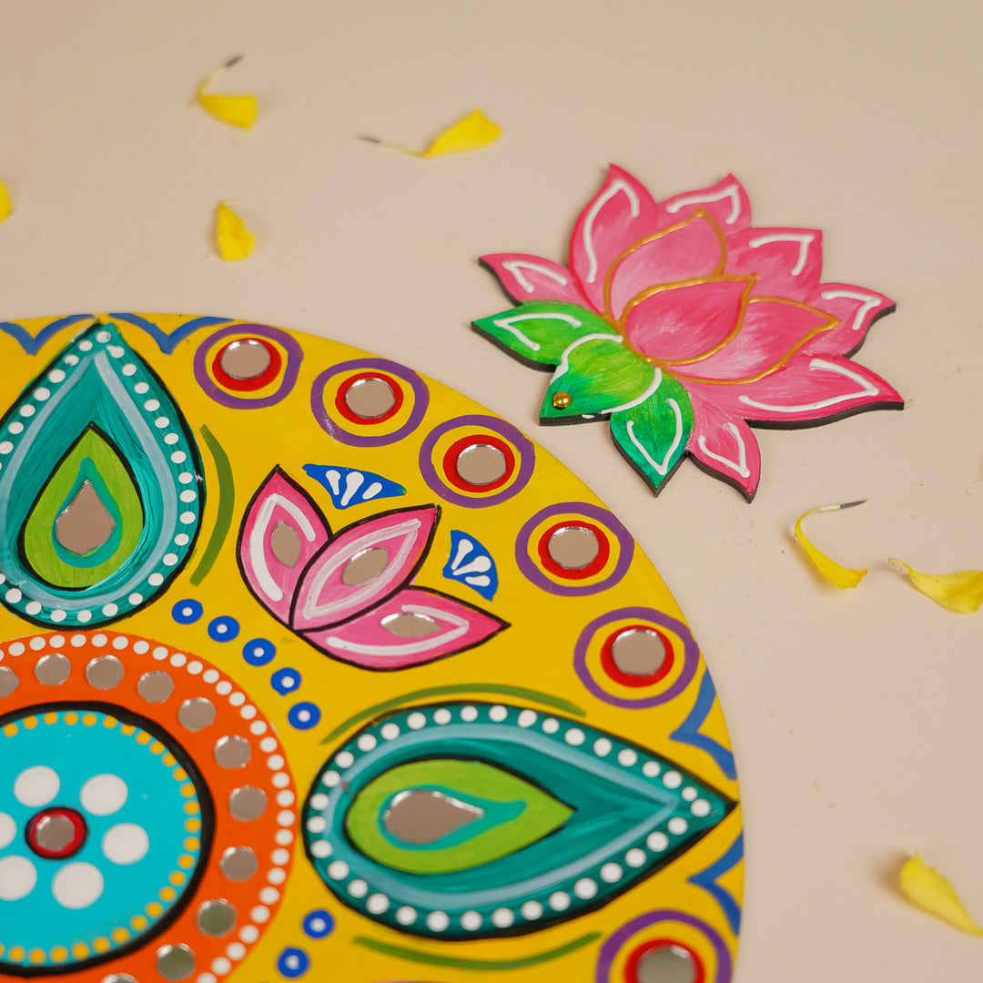 Hand-Painted Mirror Work Round Floral MDF Wood Rangoli | Set Of 9