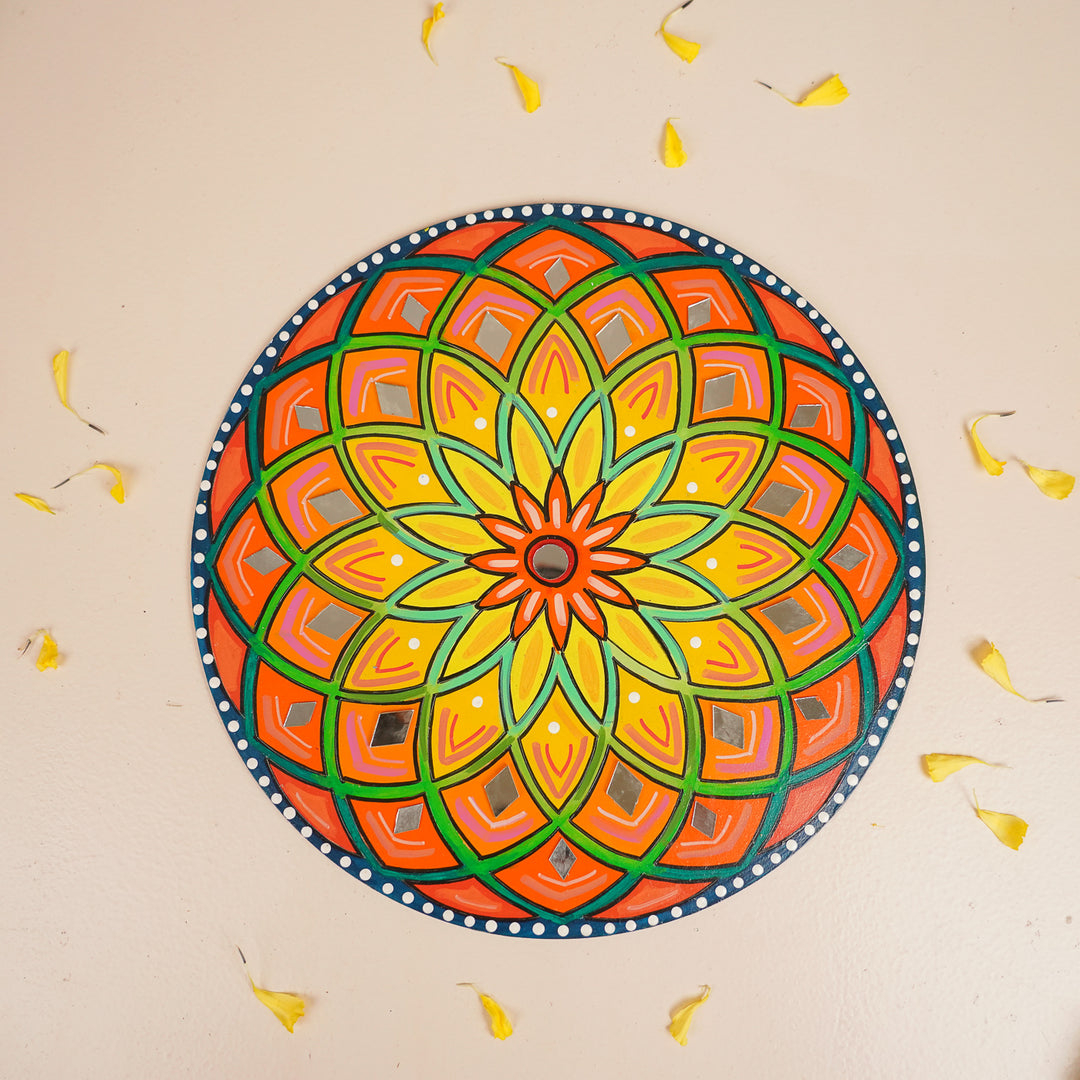Hand-Painted Mirror Work Round Spiral Rangoli