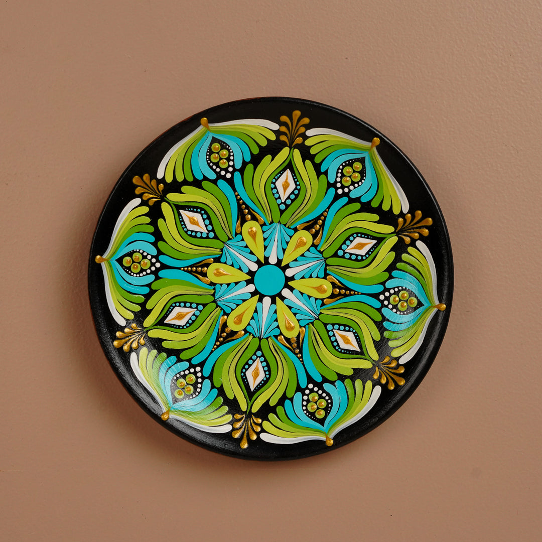 8 Inch | Hand-Painted Dot Mandala Green Floral Terracotta Wall Plate