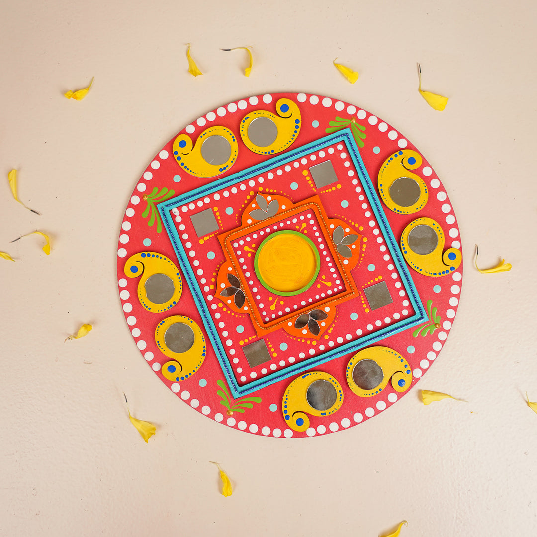 Hand-Painted Mirror Work Decorative Red & Yellow Rangoli