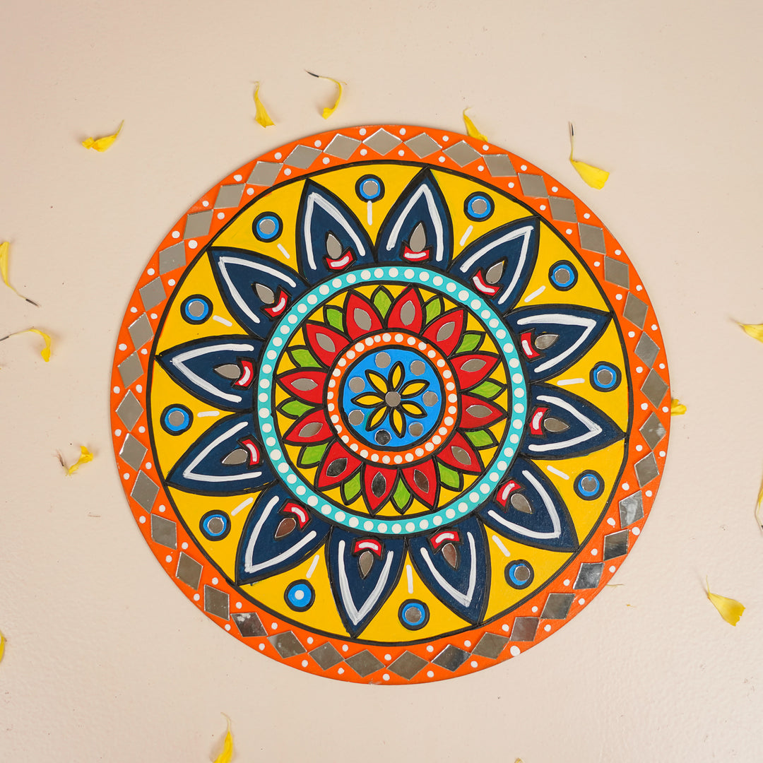 Hand-Painted Mirror Work Floral Mandala Rangoli