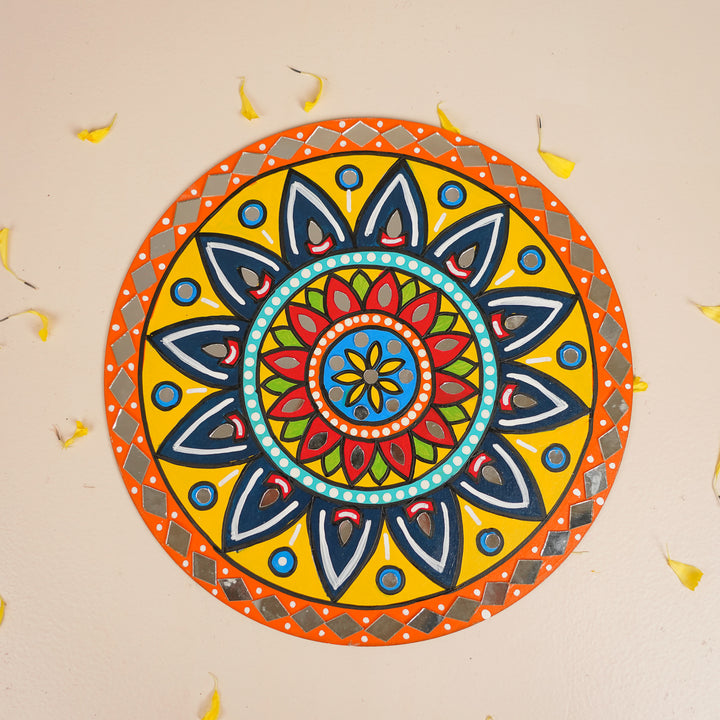 Hand-Painted Mirror Work Floral Mandala Rangoli