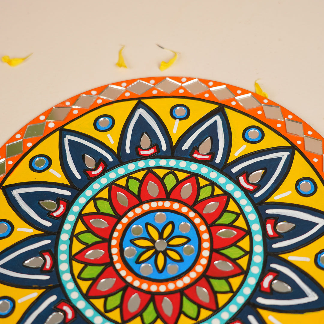 Hand-Painted Mirror Work Floral Mandala Rangoli