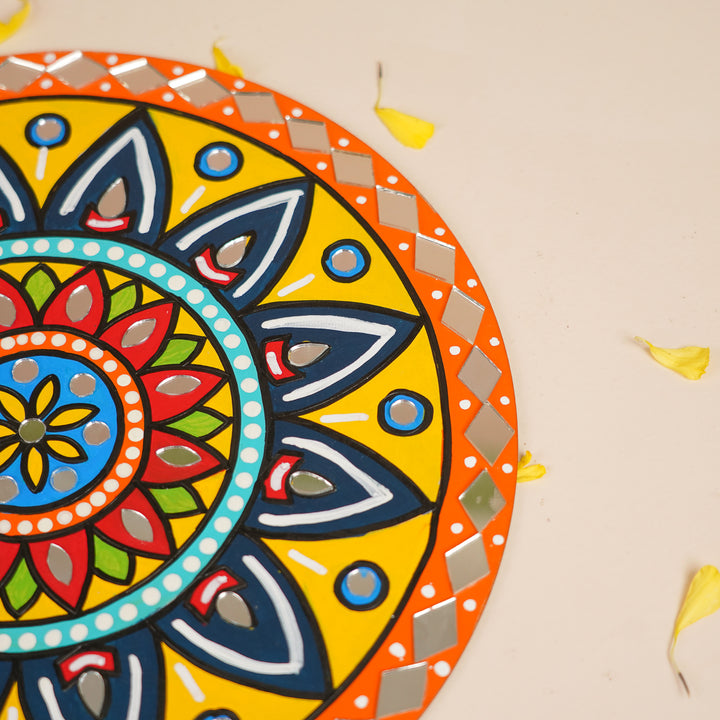 Hand-Painted Mirror Work Floral Mandala Rangoli