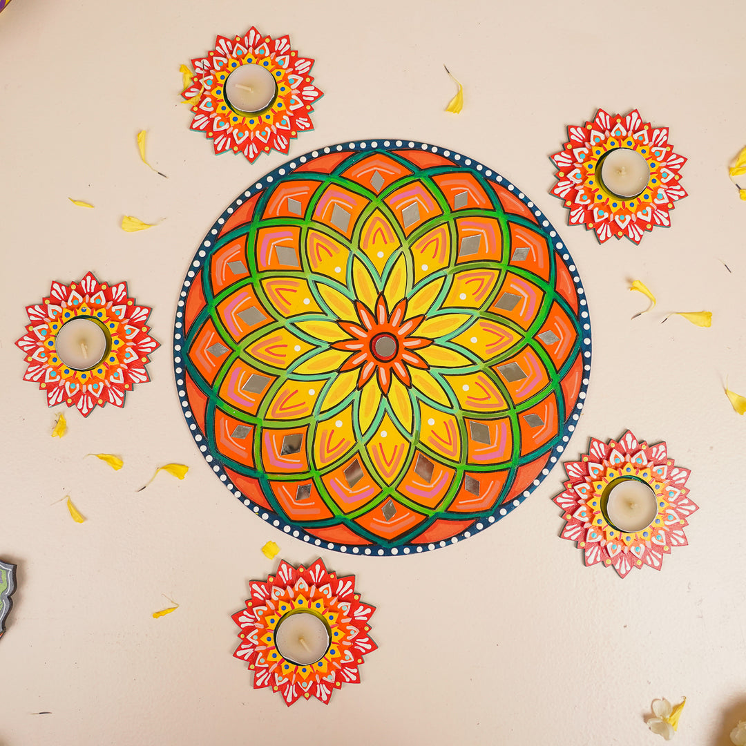 Hand-Painted Mirror Work Round Spiral Rangoli | Set Of 6