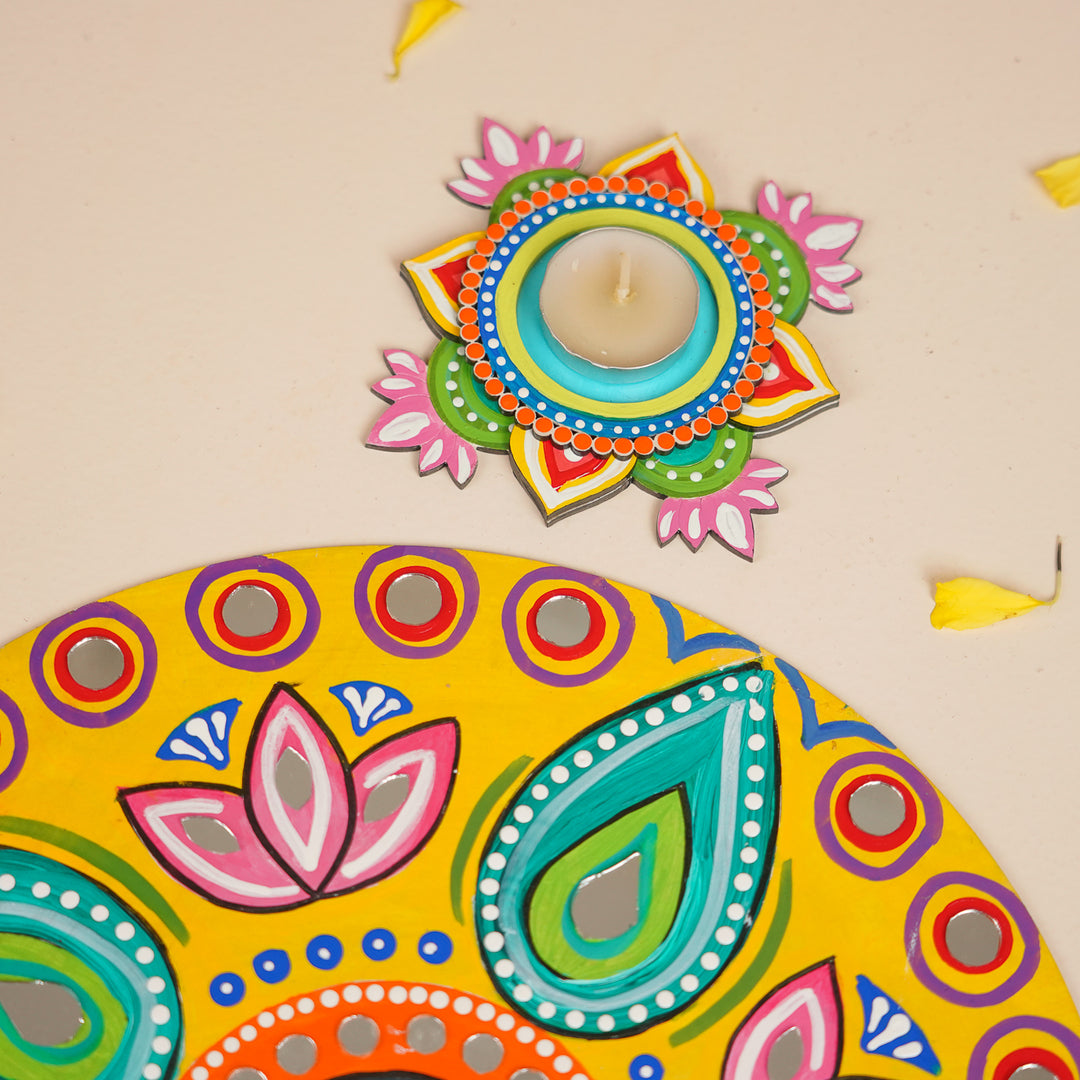 Hand-Painted Mirror Work Round Floral MDF Wood Rangoli | Set Of 9