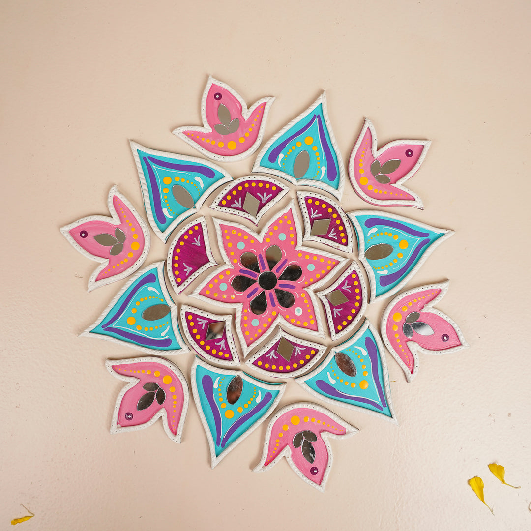 Hand-Painted Mirror Work Blue & Pink Floral Rangoli | Set Of 19