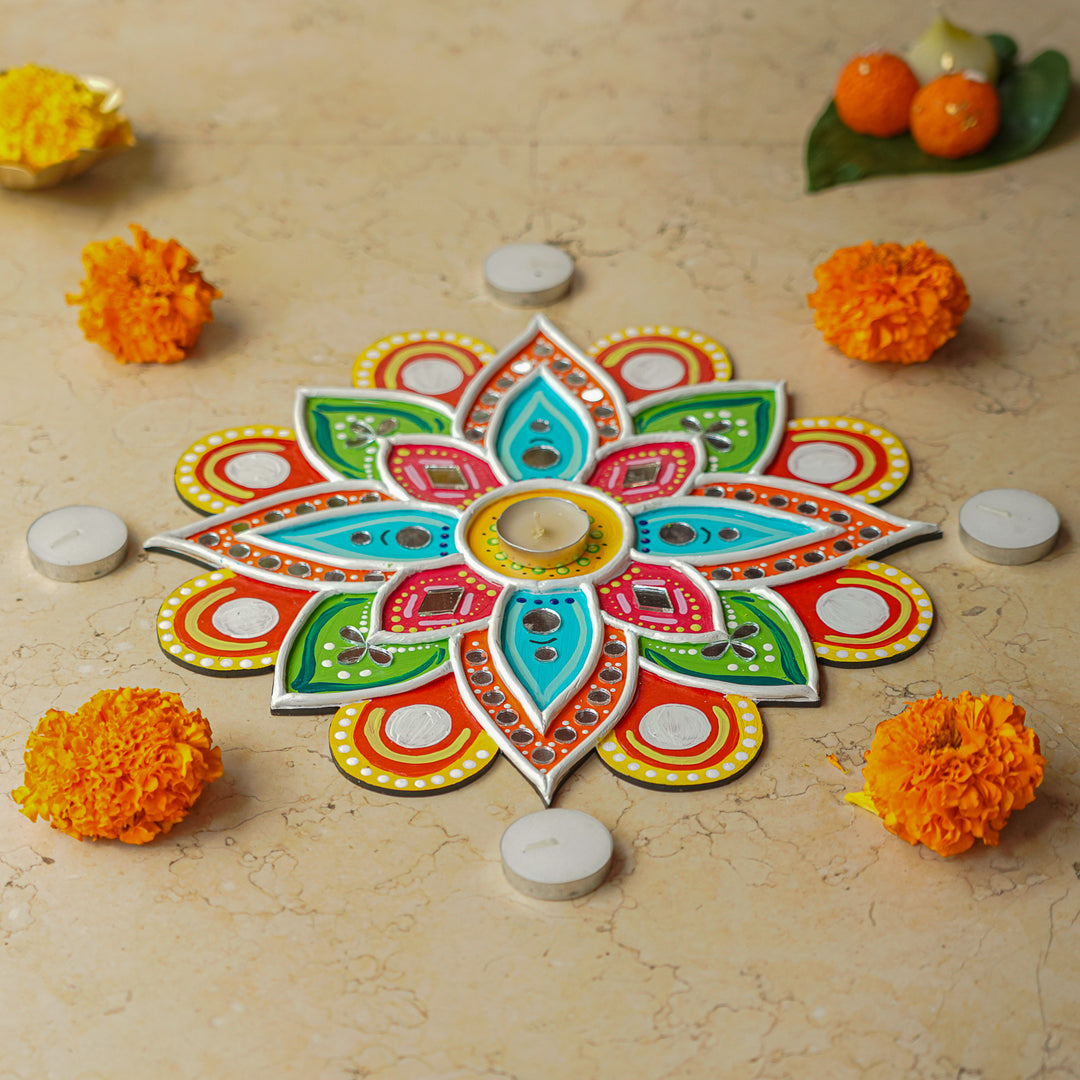 Hand-Painted Mirror Work Multicolor Flower Rangoli
