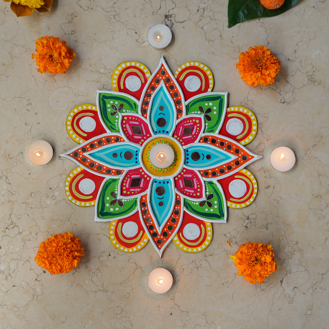 Hand-Painted Mirror Work Multicolor Flower Rangoli