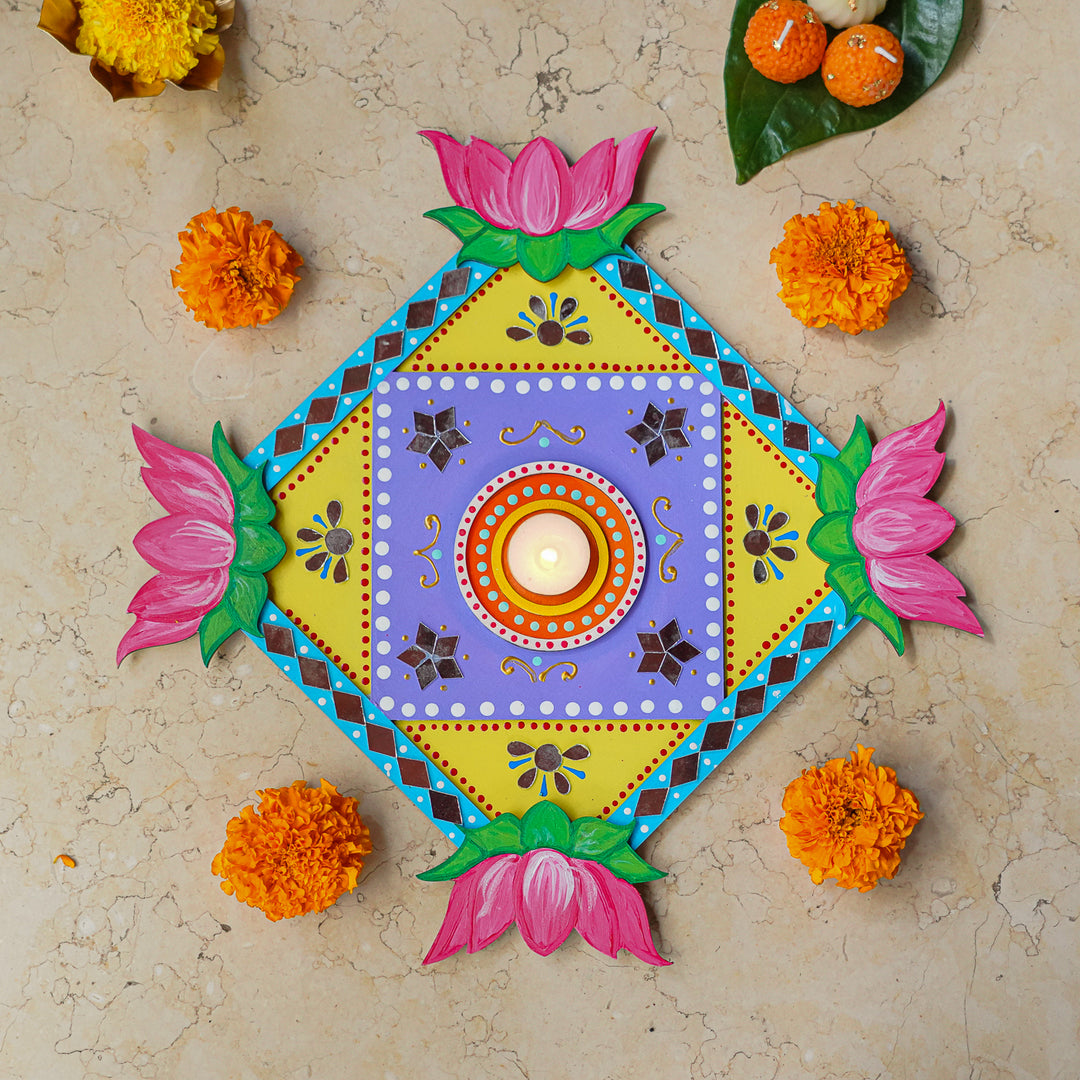 Hand-Painted Mirror Work Decorative Lotus Rangoli