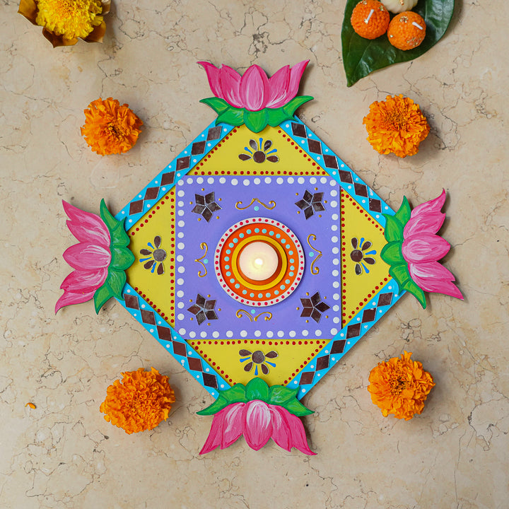 Hand-Painted Mirror Work Decorative Lotus Rangoli