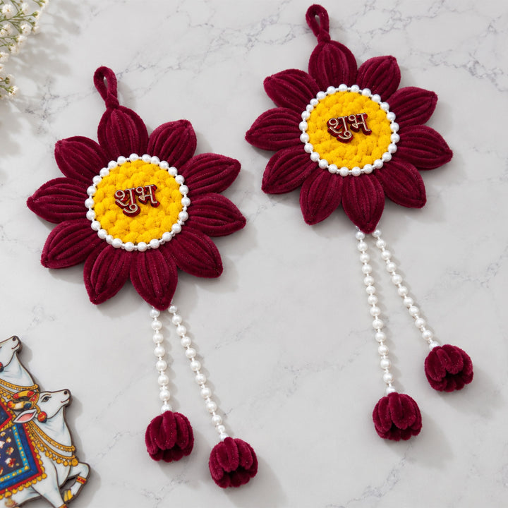 2 pc | Handmade Shubh Labh Floral Pipe Cleaner Hanging With Pearl Detailing For Diwali - Maroon