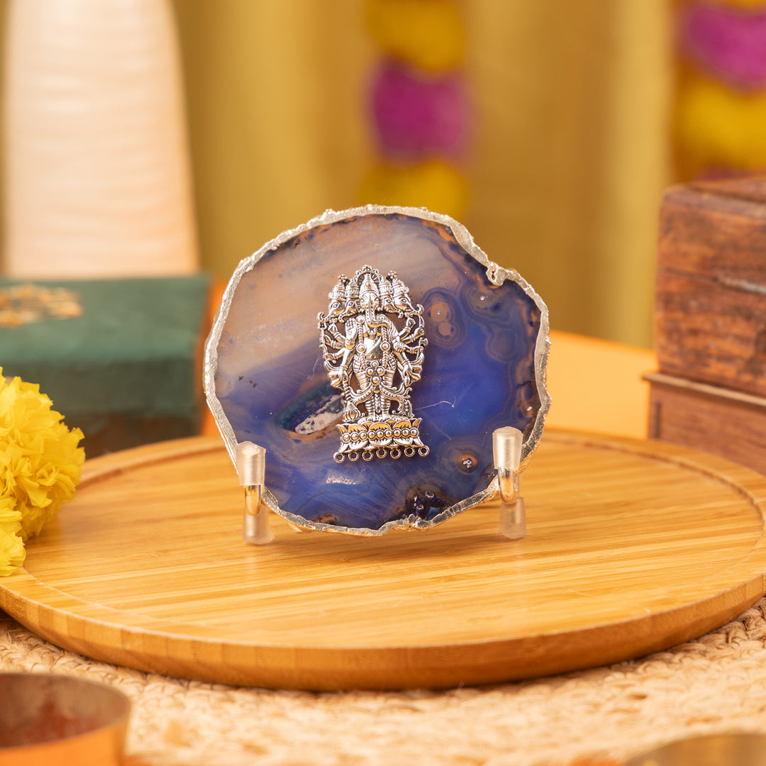 Blue Agate Silver Plated Ganesha Showpiece With Metal Stand