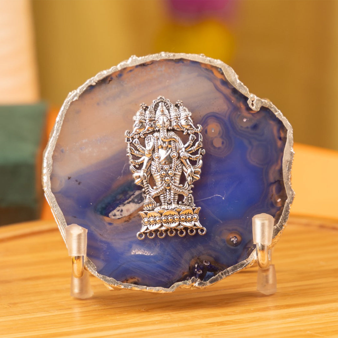 Blue Agate Silver Plated Ganesha Showpiece With Metal Stand