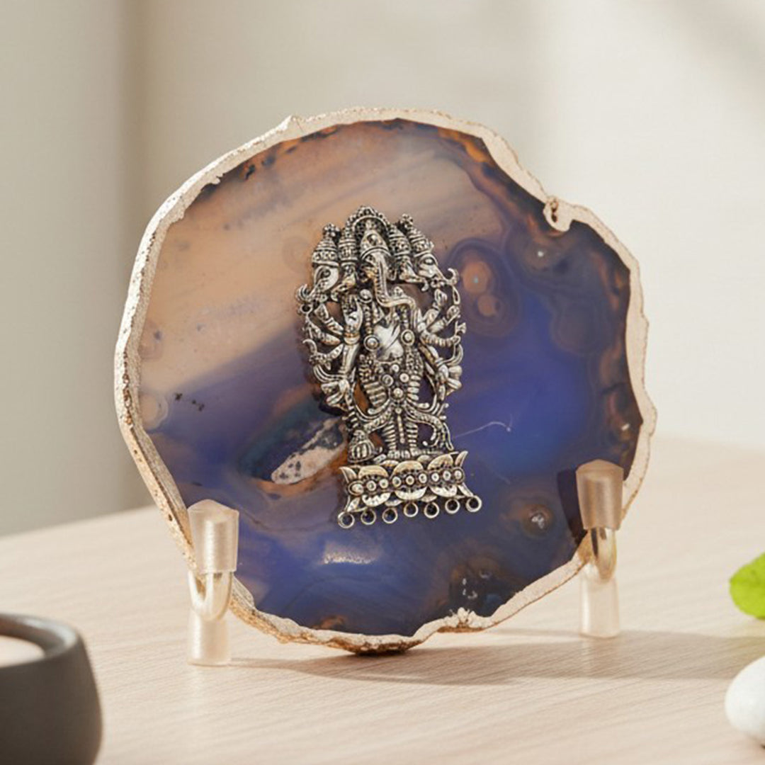 Blue Agate Silver Plated Ganesha Showpiece With Metal Stand