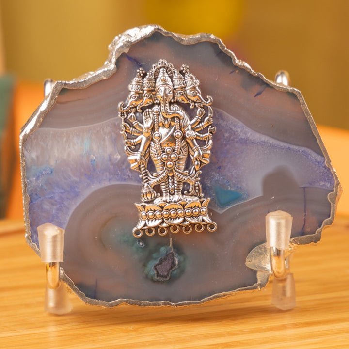 Green Agate Silver Plated Ganesha Showpiece With Metal Stand