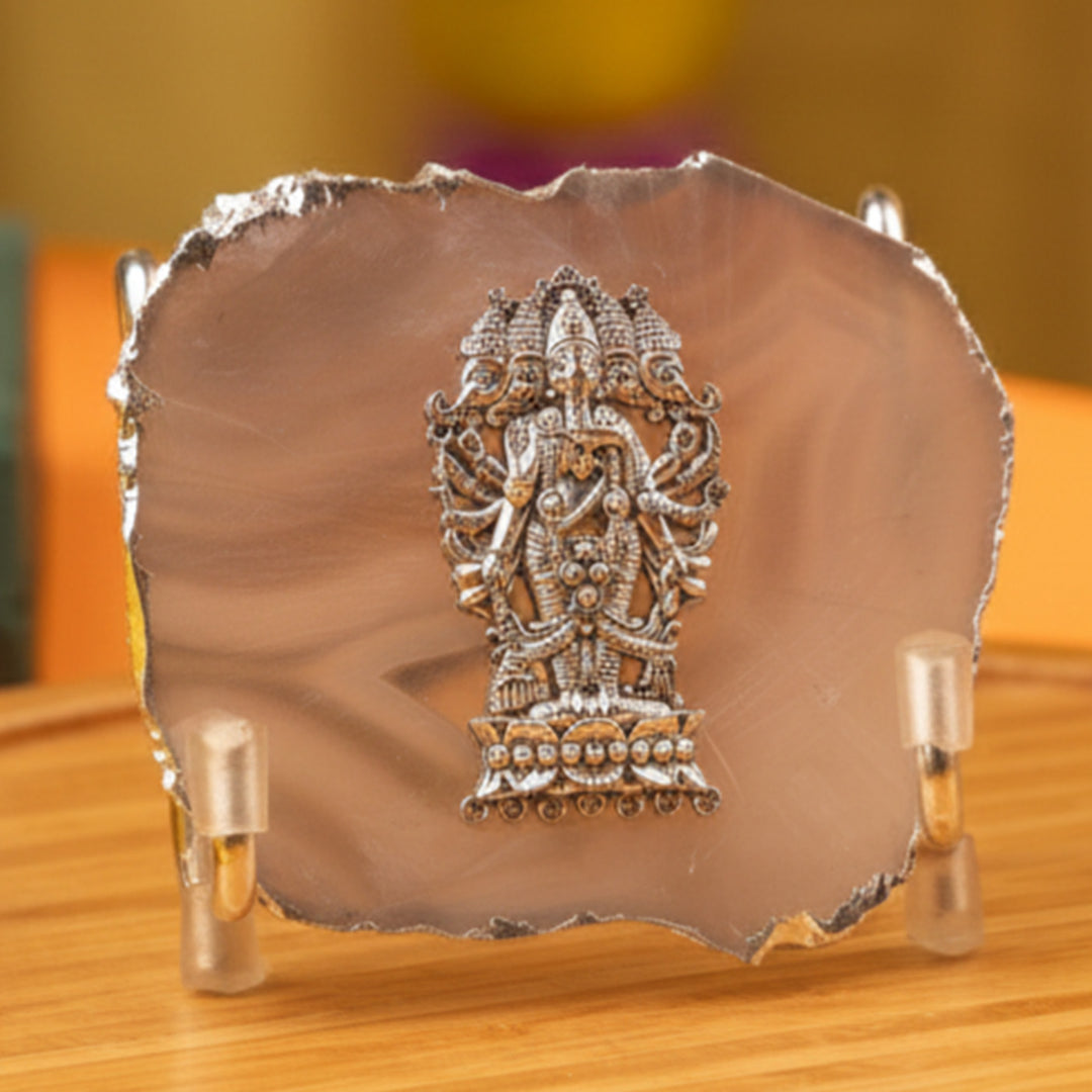 Natural Agate Silver Plated Ganesha Showpiece With Metal Stand