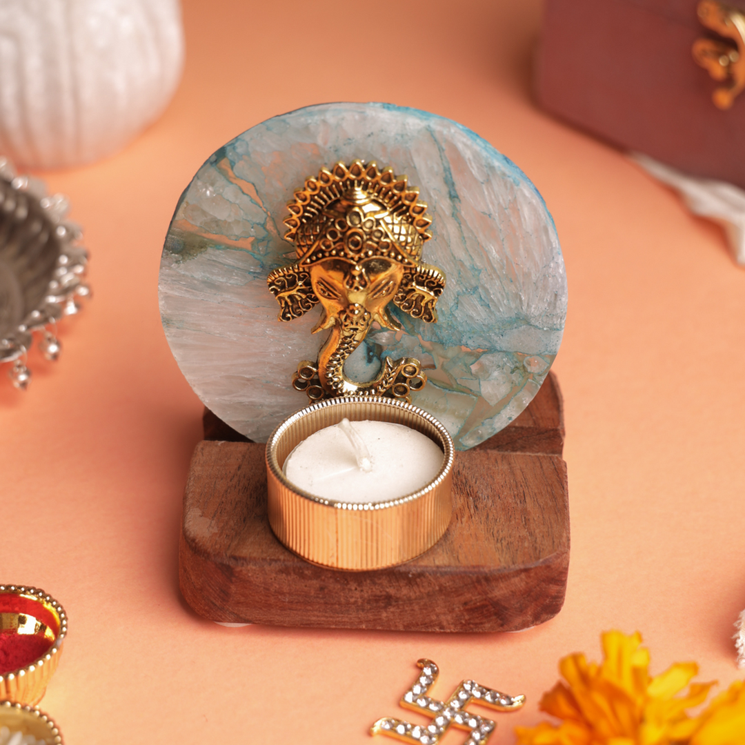 Blue Agate Ganesha Wooden Tealight Holder