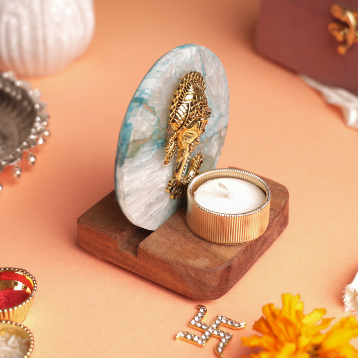 Blue Agate Ganesha Wooden Tealight Holder