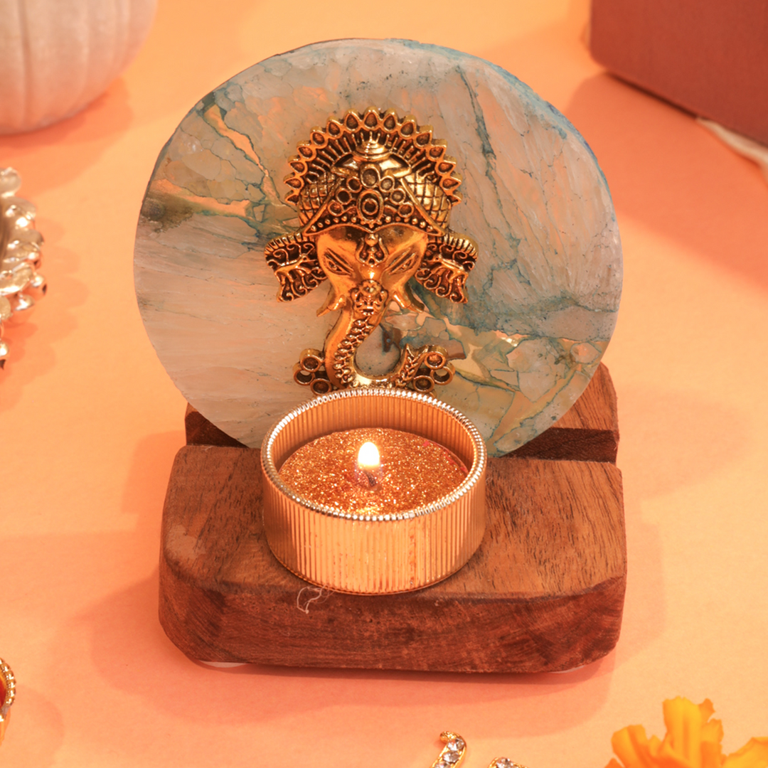 Blue Agate Ganesha Wooden Tealight Holder