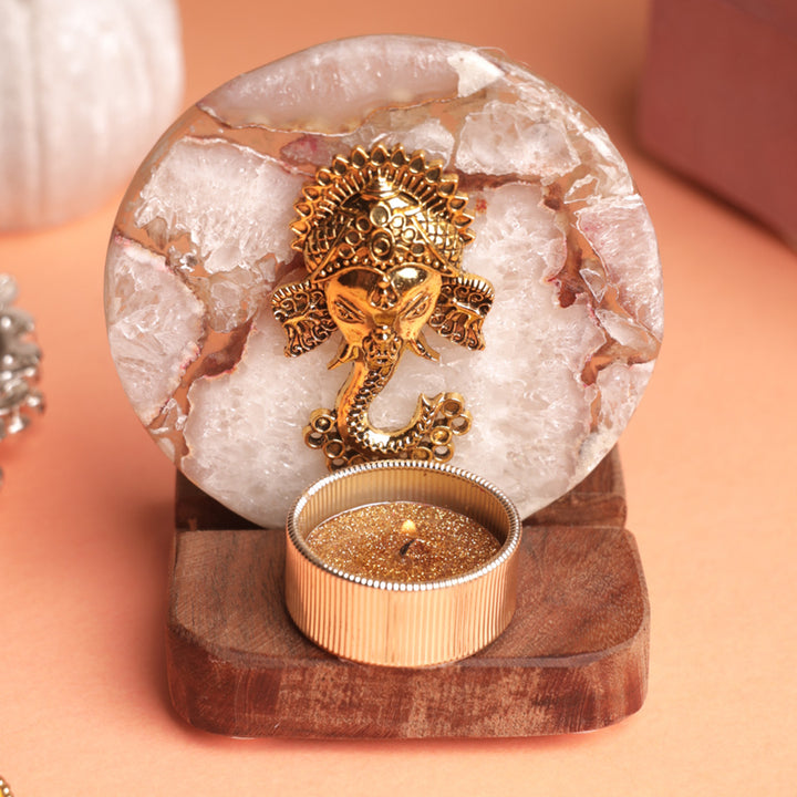 White Agate Ganesha Wooden Tealight Holder