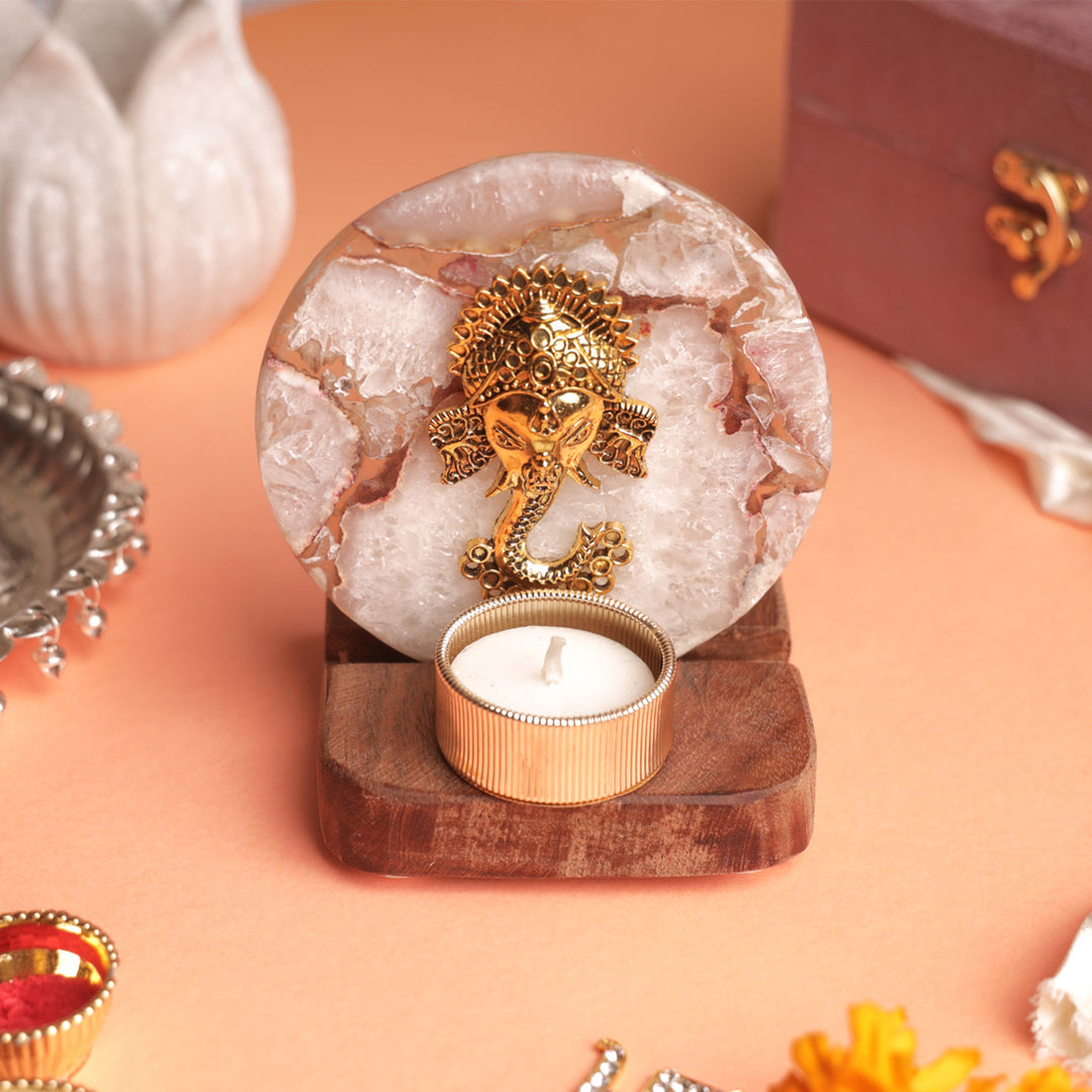 White Agate Ganesha Wooden Tealight Holder