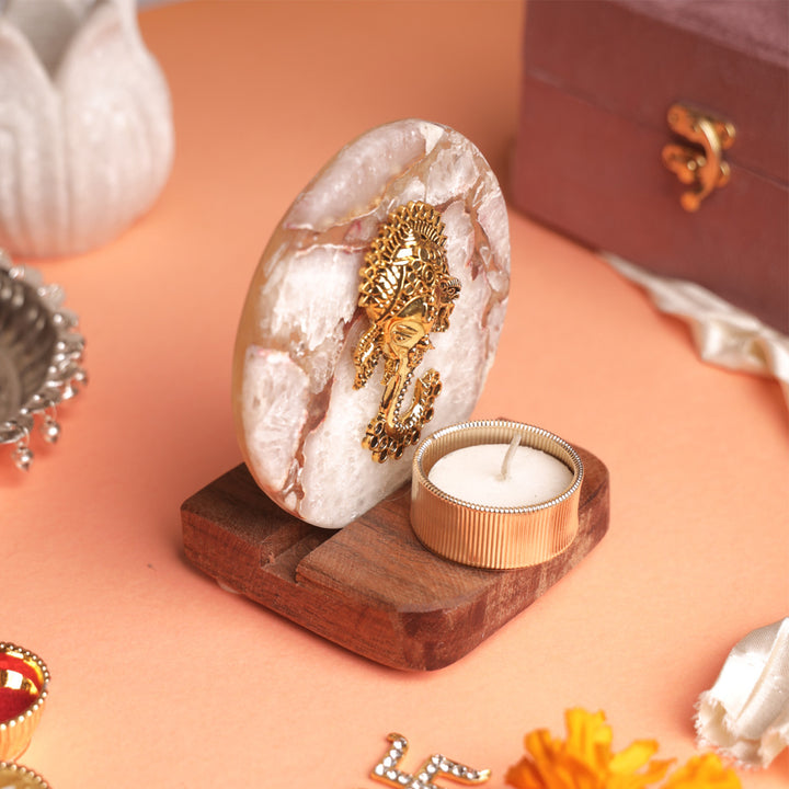 White Agate Ganesha Wooden Tealight Holder