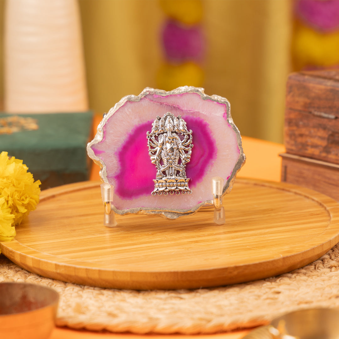 Pink Agate Silver Plated Ganesha Showpiece With Metal Stand