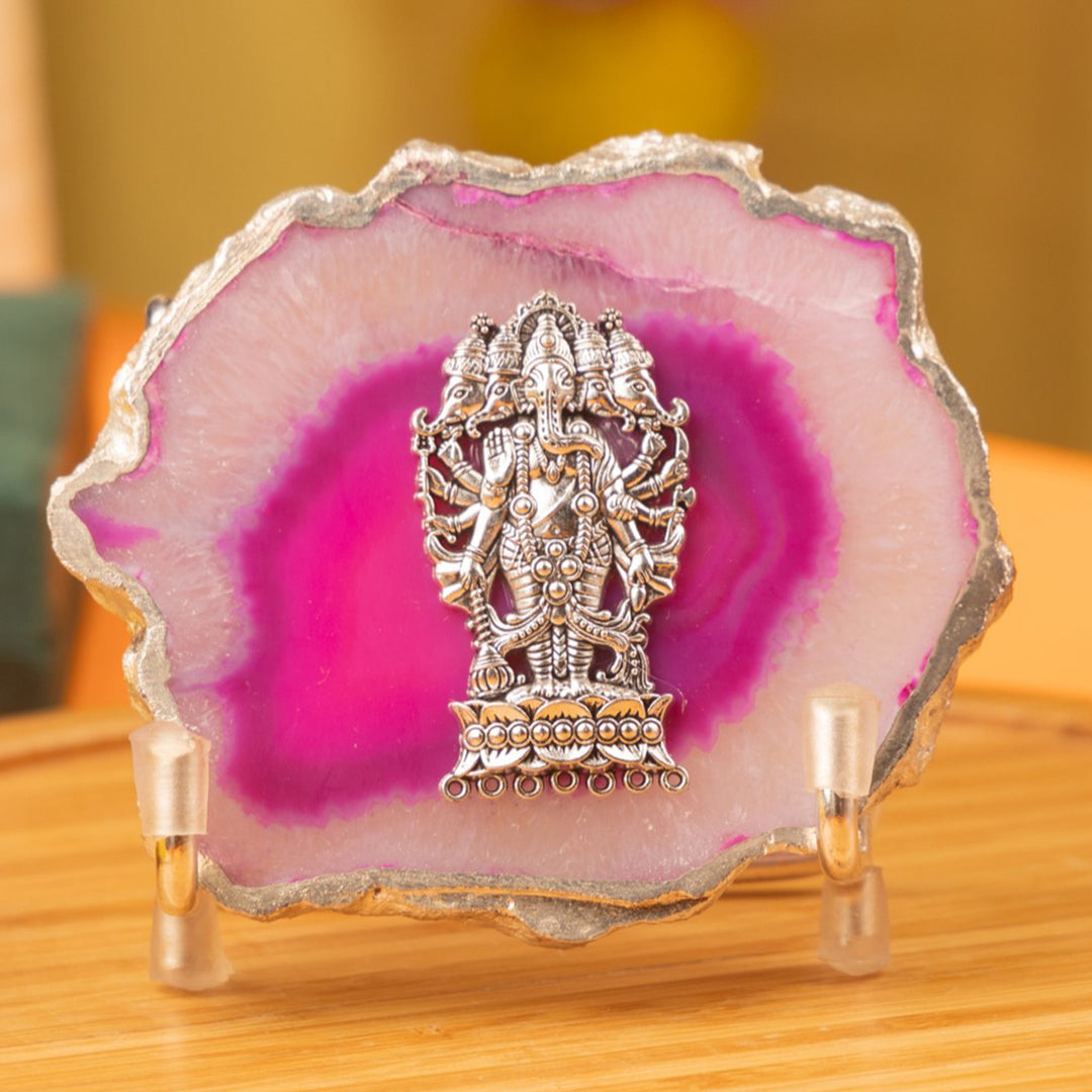 Pink Agate Silver Plated Ganesha Showpiece With Metal Stand