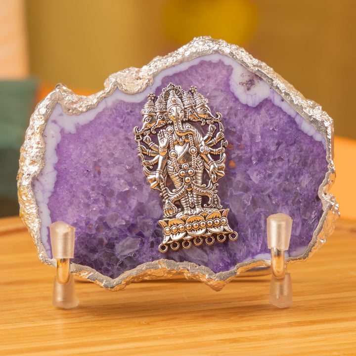 Purple Agate Silver Plated Ganesha Showpiece With Metal Stand