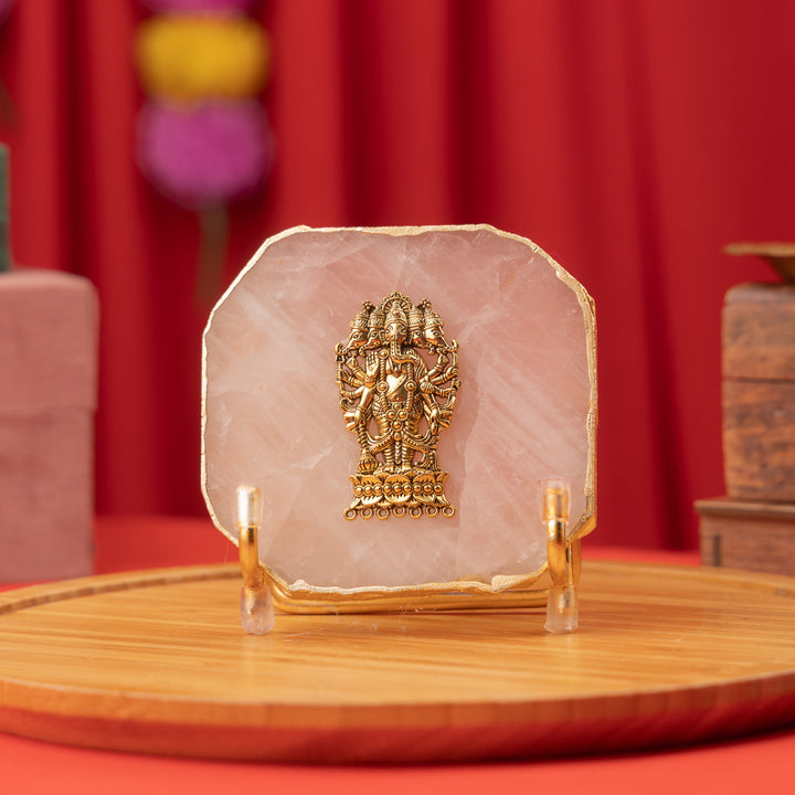 Rose Quartz Agate Gold Plated Ganesha Showpiece With Metal Stand