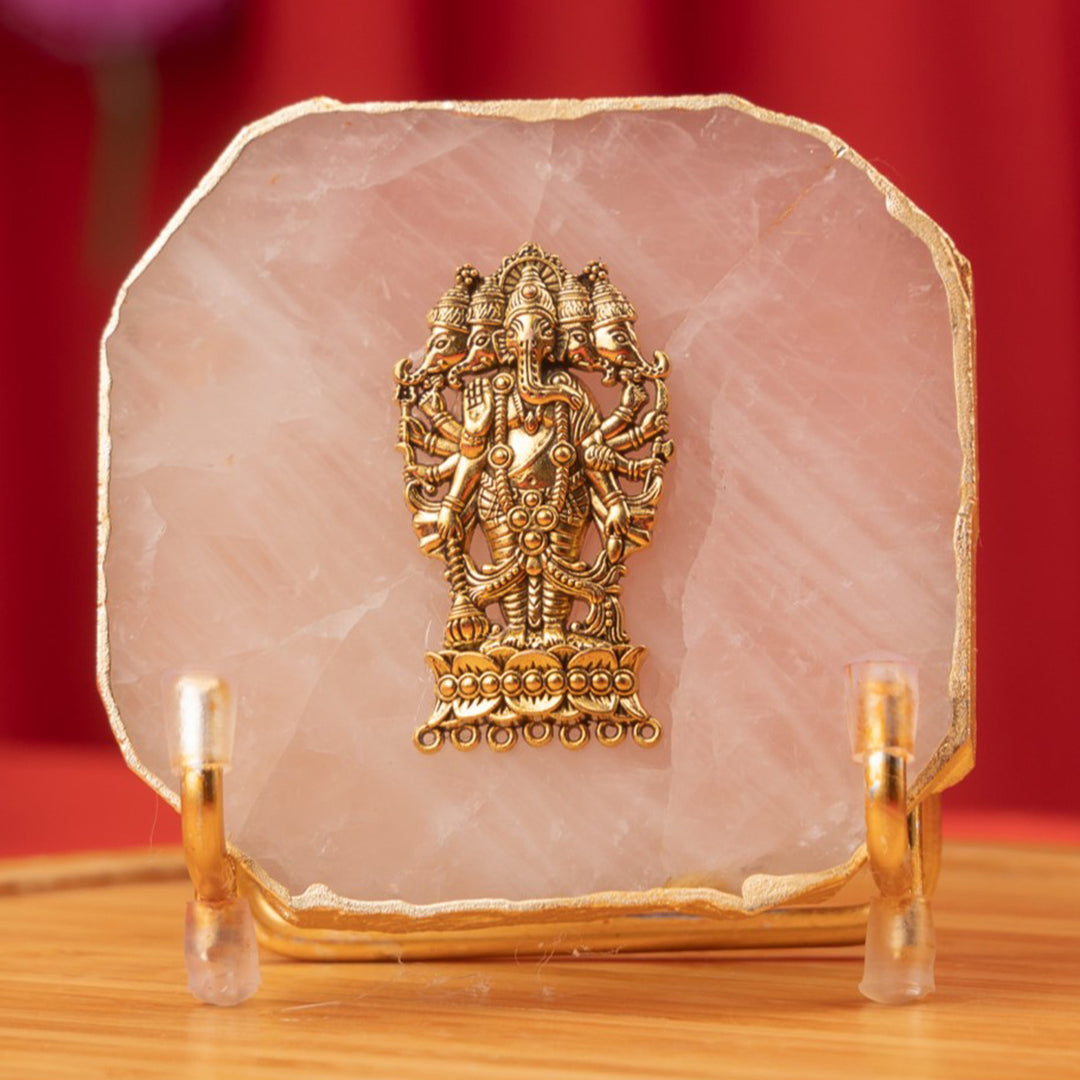 Rose Quartz Agate Gold Plated Ganesha Showpiece With Metal Stand