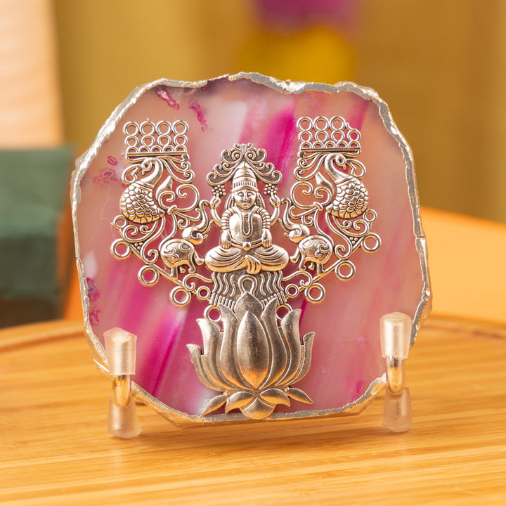 Pink Agate Silver Plated Laxmi Showpiece With Metal Stand