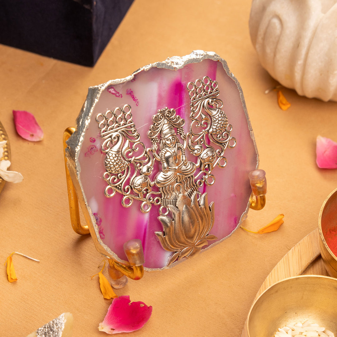 Pink Agate Silver Plated Laxmi Showpiece With Metal Stand