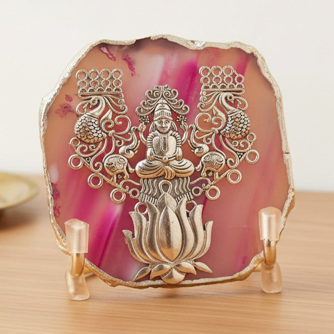 Pink Agate Silver Plated Laxmi Showpiece With Metal Stand