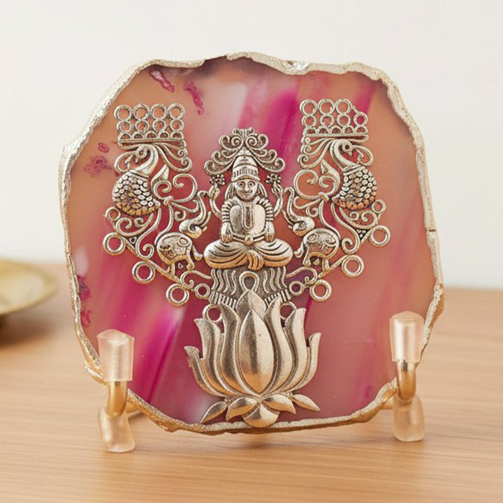 Pink Agate Silver Plated Laxmi Showpiece With Metal Stand