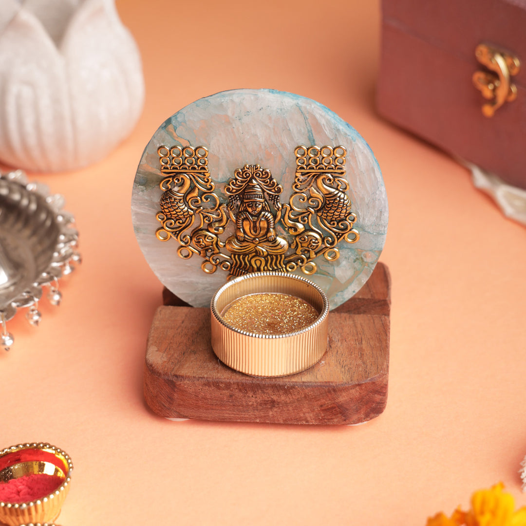 Blue Agate Laxmi Ji Wooden Tealight Holder