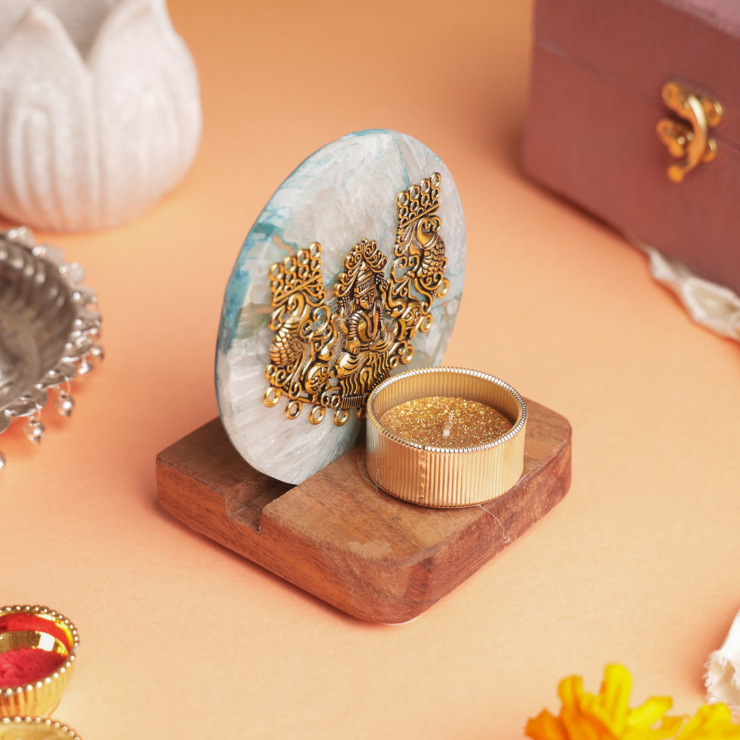 Blue Agate Laxmi Ji Wooden Tealight Holder