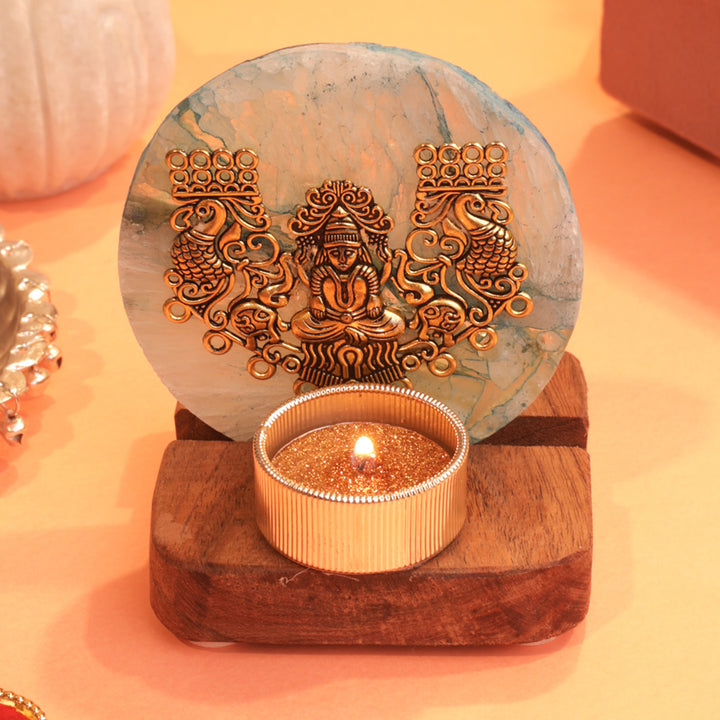 Blue Agate Laxmi Ji Wooden Tealight Holder