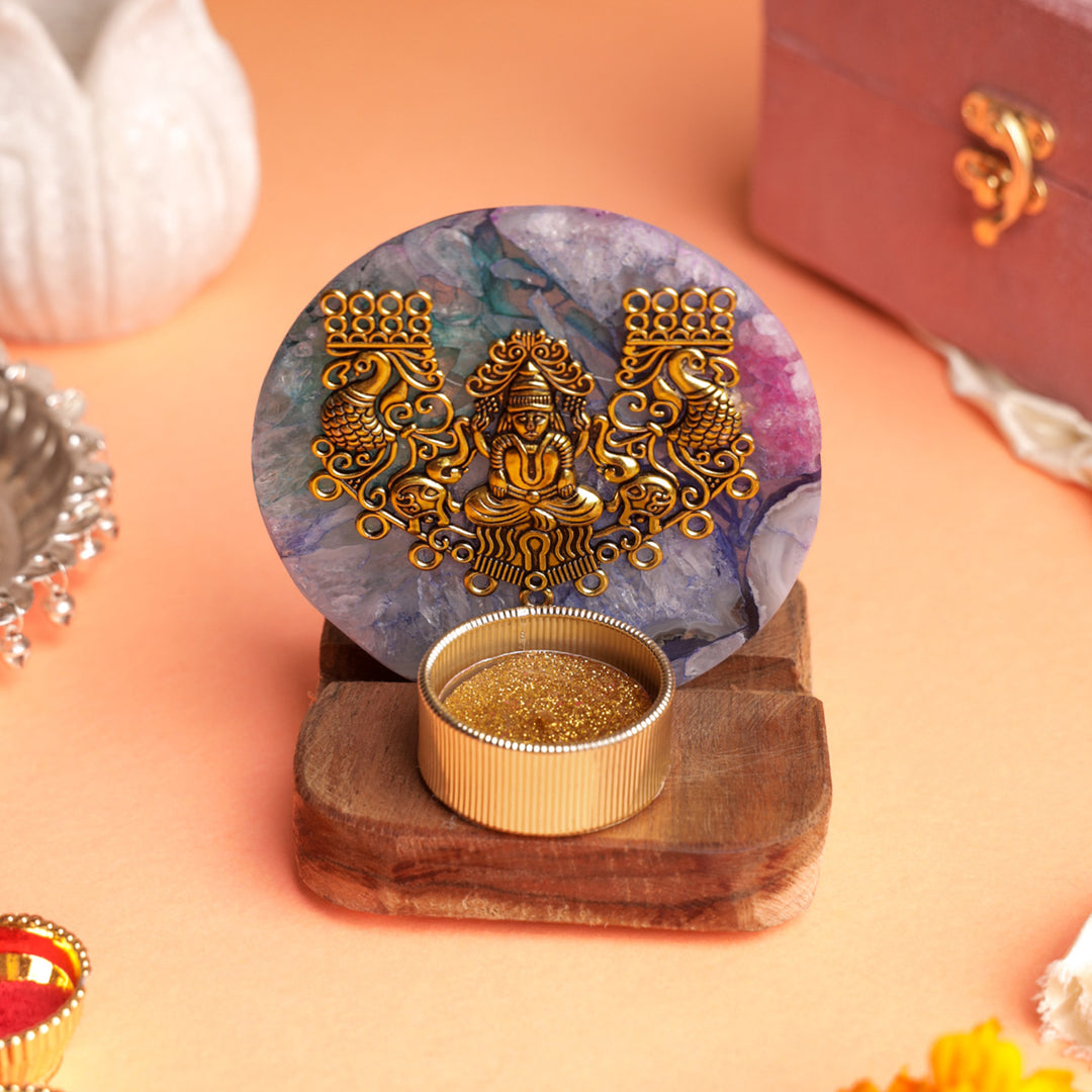 Multicolor Agate Laxmi Ji Wooden Tealight Holder
