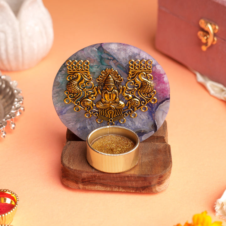 Multicolor Agate Laxmi Ji Wooden Tealight Holder