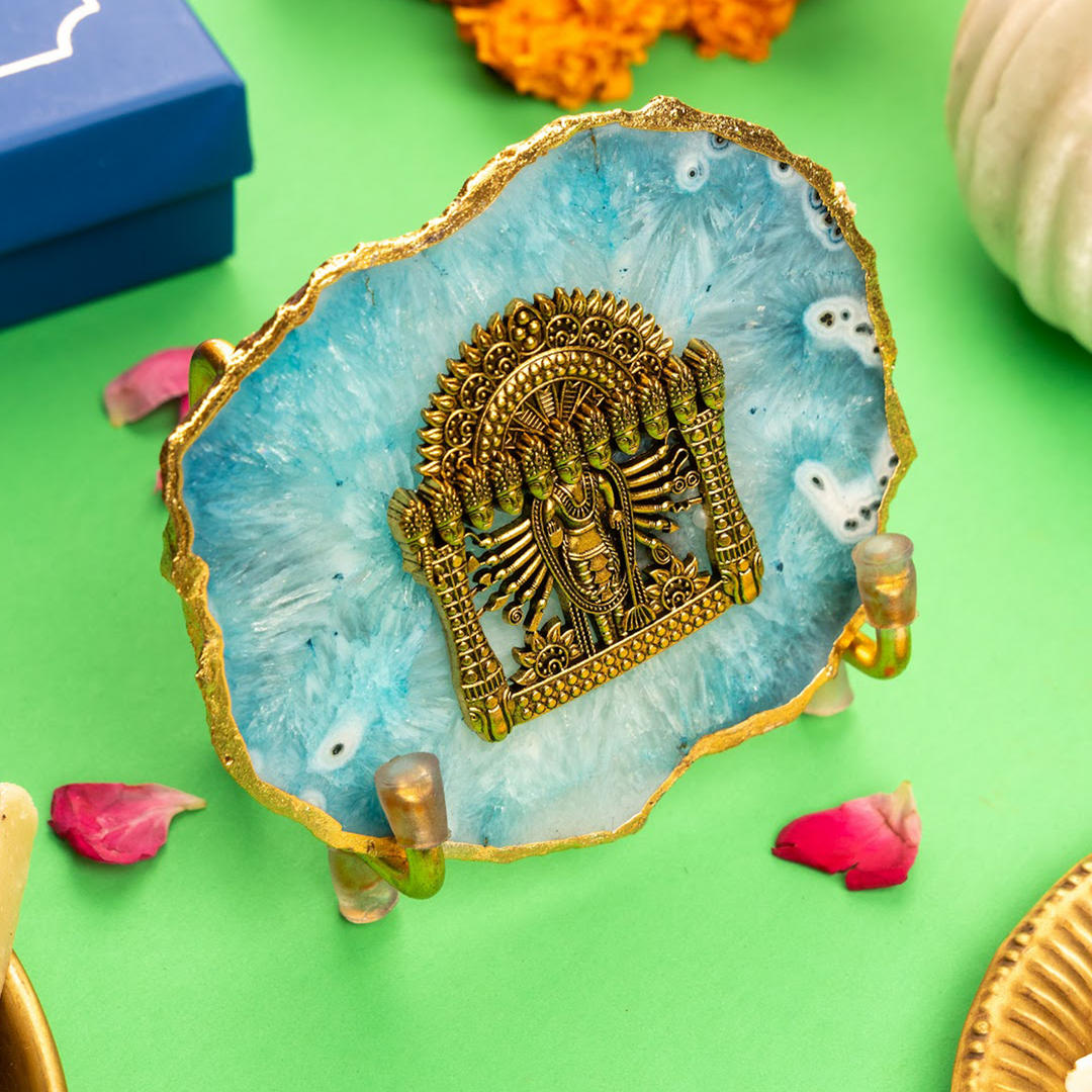 Blue Agate Gold Plated Narayan Showpiece With Metal Stand
