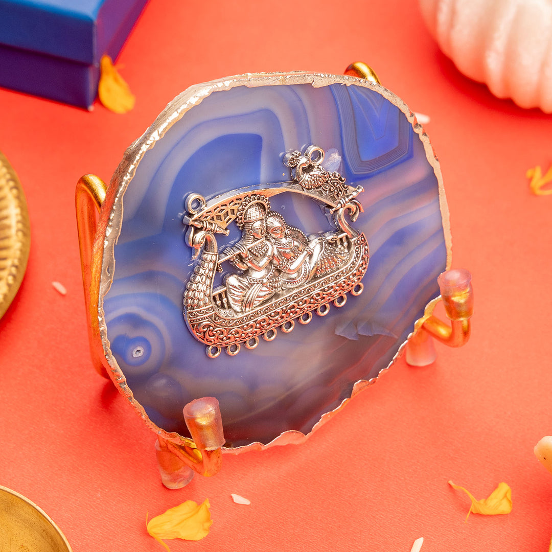 Blue Agate Silver Plated Radhakrishna Showpiece With Metal Stand