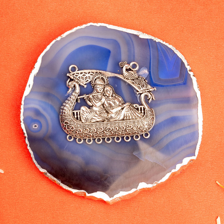 Blue Agate Silver Plated Radhakrishna Showpiece With Metal Stand