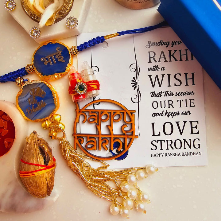Handmade Bhai And Fab Bhabhi Agate Bhaiya Bhabhi Rakhi With Roli Chawal - Top View of Rakhi with Card