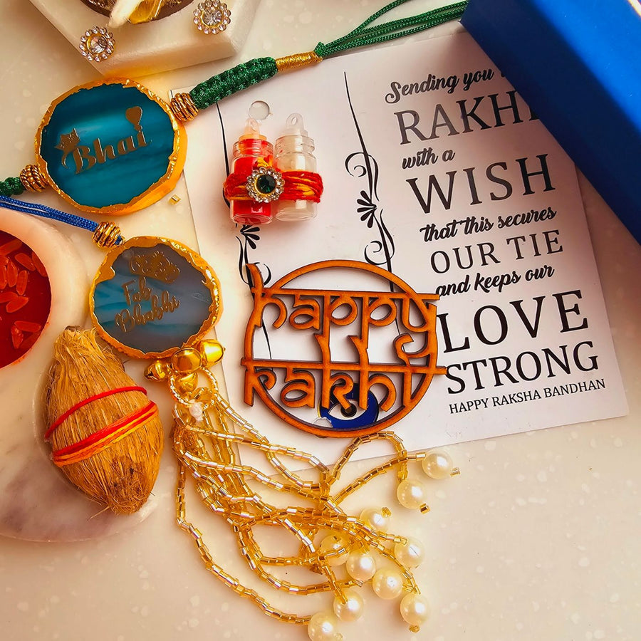 Handmade Bhai And Fab Bhabhi Agate Bhaiya Bhabhi Rakhi With Roli Chawal - Decorative Rakhi Set with Card